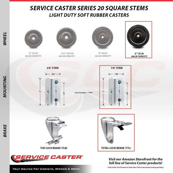 5 Inch Soft Rubber Swivel 7/8 Inch Square Stem Caster with Total Lock Brake SCC